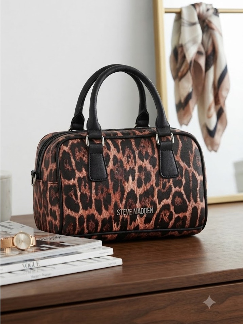 Steve Madden Leopard Print Satchel - Black & Copper